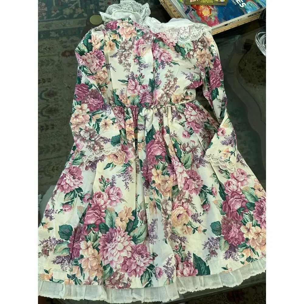 Vintage Celeste Kids Girls Floral Print Lace Trim Dress Size 7 80s 90s
